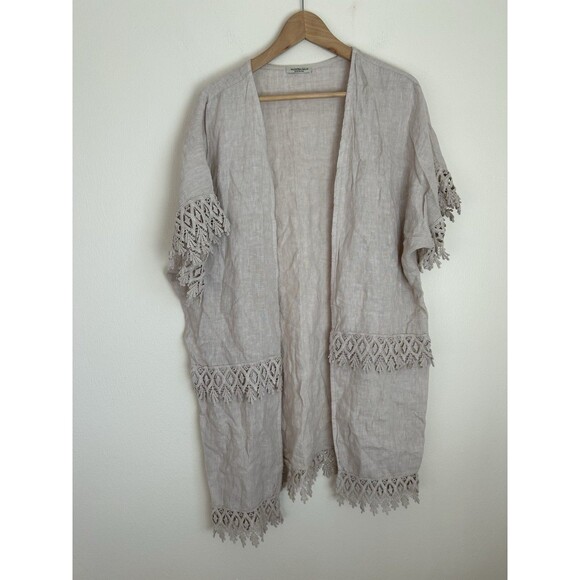 Valentina Naldi L Beige Linen Duster Open Top Crochet Duster BOHO Italy Lace - Picture 1 of 4